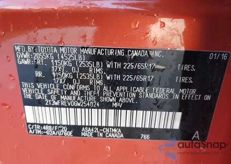 2016 Toyota Rav4 Xle from USA, damaged, VIN 2T3WFREV0GW254024